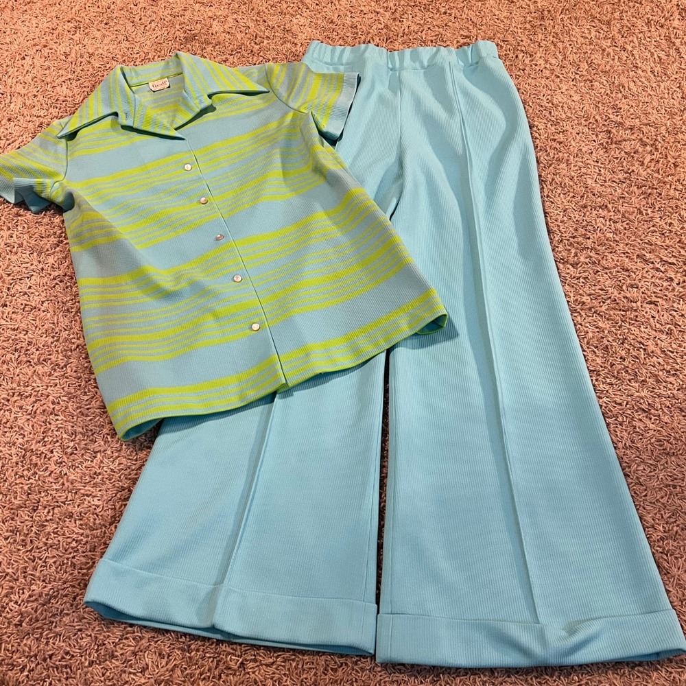 Vintage 70s Graff Californiawear Blue Green Striped Top Wide Leg Pants Set  Sz S